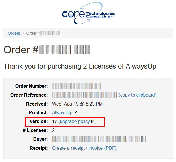 Find the version number on your order page (click to enlarge) Find the version number on your order page
