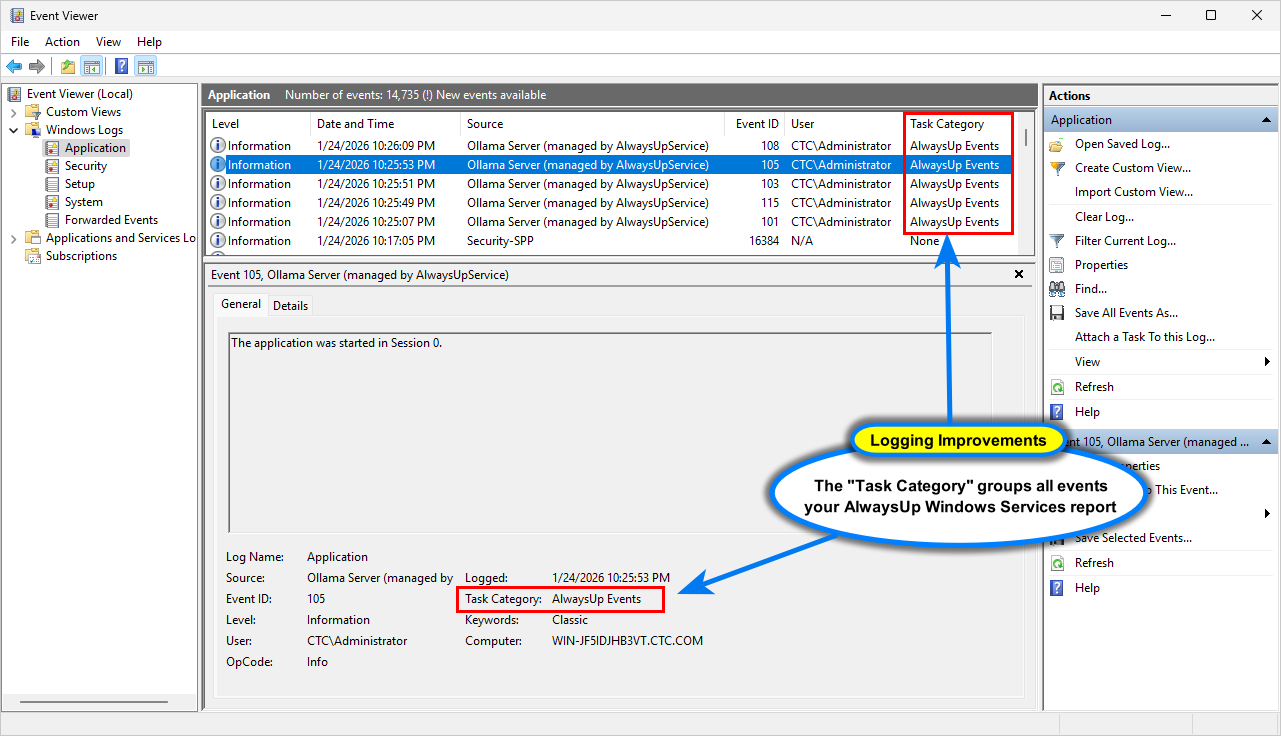 Task Category groups all AlwaysUp events in Event Viewer (click to enlarge) Task Category groups all AlwaysUp events in Event Viewer