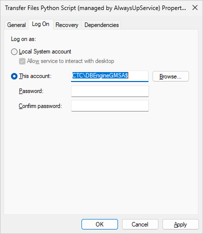 Enter your credentials on the Log On tab (click to enlarge) Enter your credentials on the Log On tab