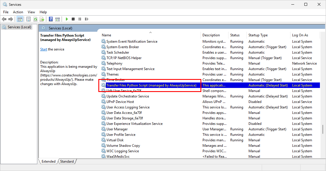Python script windows service in Services.msc (click to enlarge) Python script windows service in Services.msc