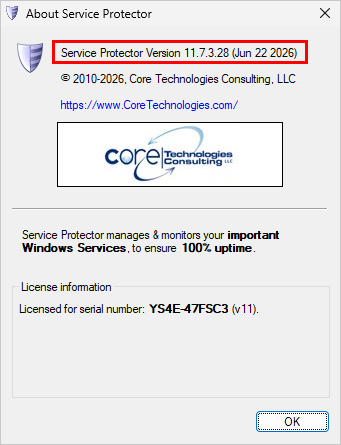 Service Protector version number (click to enlarge) Service Protector version number