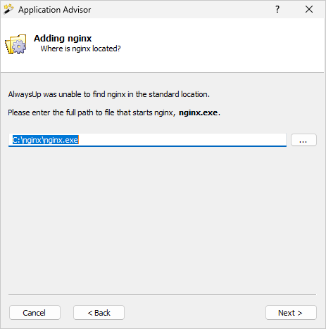 Enter the path to your nginx executable (nginx.exe) (click to enlarge) Enter the path to your nginx executable (nginx.exe)