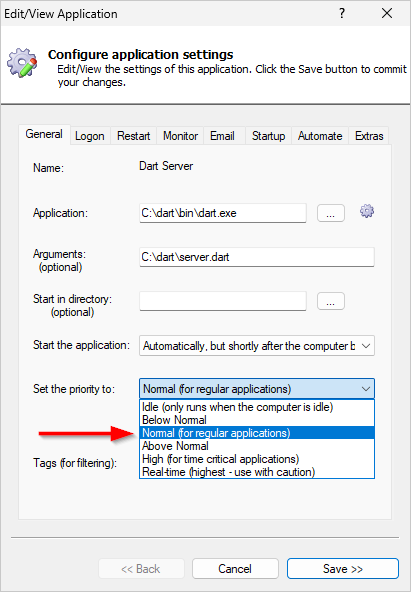The application priority values in AlwaysUp (click to enlarge) The application priority values in AlwaysUp