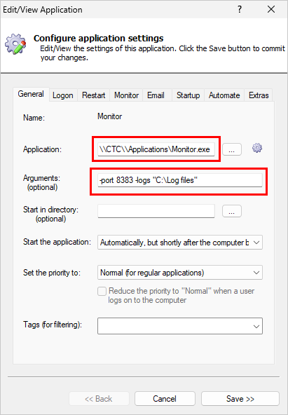 Compose your application command line (click to enlarge) Compose your application command line