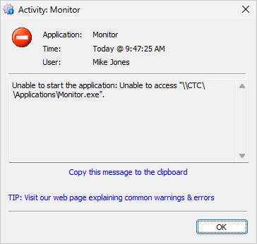 AlwaysUp fails to start a network application (click to enlarge) AlwaysUp fails to start a network application