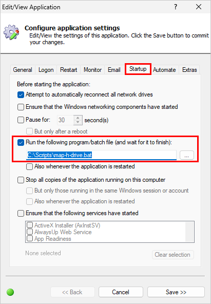 Map your network drive at startup (click to enlarge) Map your network drive at startup