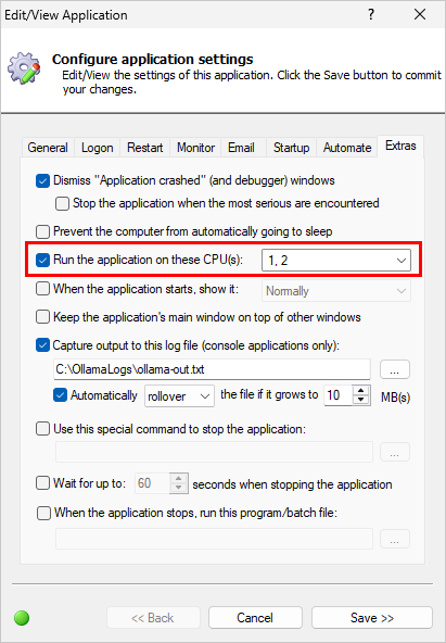 We restricted Ollama to two CPUs in AlwaysUp (click to enlarge) We restricted Ollama to two CPUs in AlwaysUp