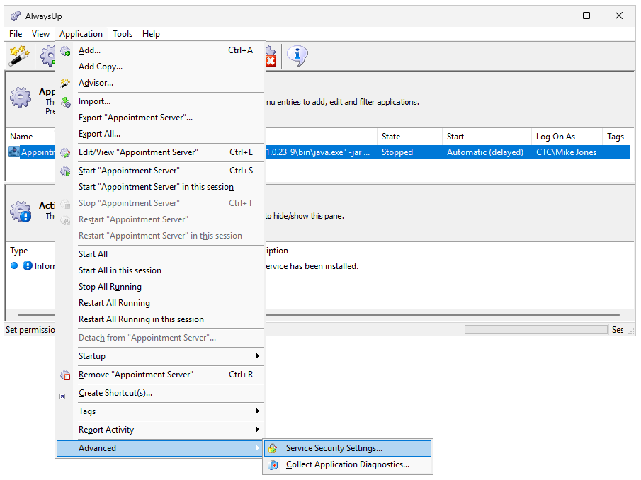 Open service security settings (click to enlarge) Open service security settings
