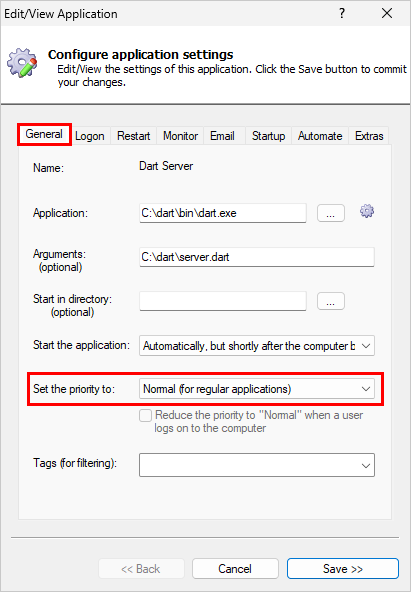 Set your application's priority in AlwaysUp (click to enlarge) Set your application's priority in AlwaysUp