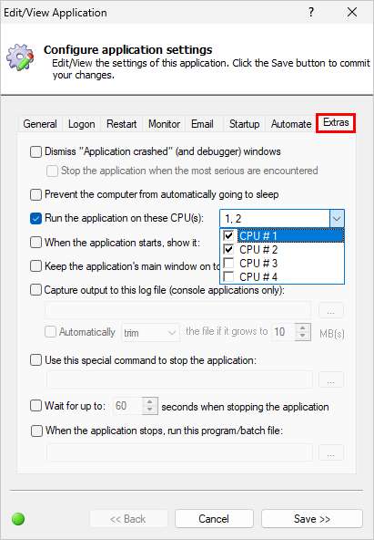 Only run the application on CPU 1 or 2 (click to enlarge) Only run the application on CPU 1 or 2