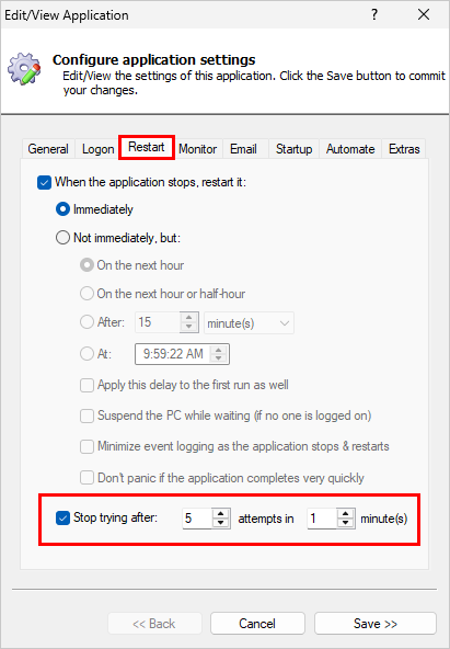 Set when to stop restarting a failing application (click to enlarge) Set when to stop restarting a failing application