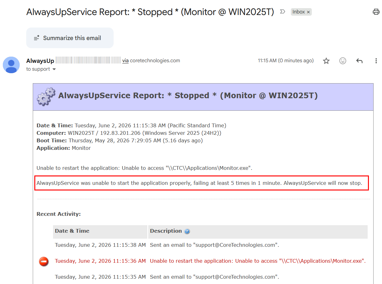 Email telling you that AlwaysUp has stopped (click to enlarge) Email telling you that AlwaysUp has stopped
