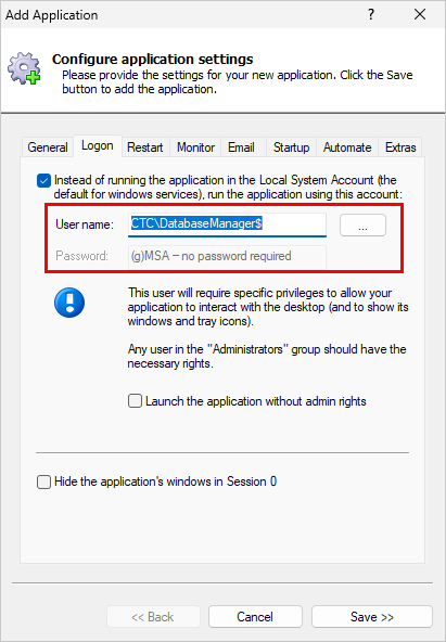 AlwaysUp using a gMSA (click to enlarge) AlwaysUp using a gMSA