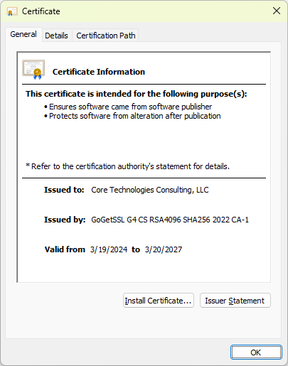Core Technologies Consulting: Digital certificate (click to enlarge) Core Technologies Consulting: Digital certificate