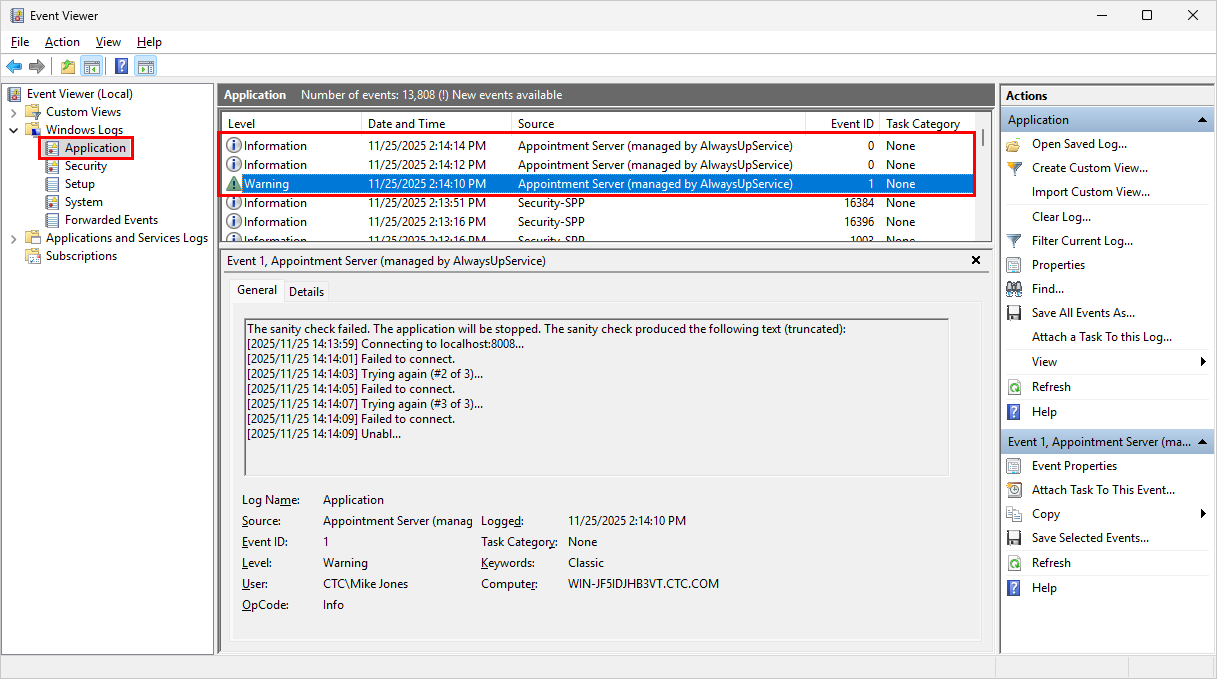 Event Viewer shows the AlwaysUp logs (click to enlarge) Event Viewer shows the AlwaysUp logs