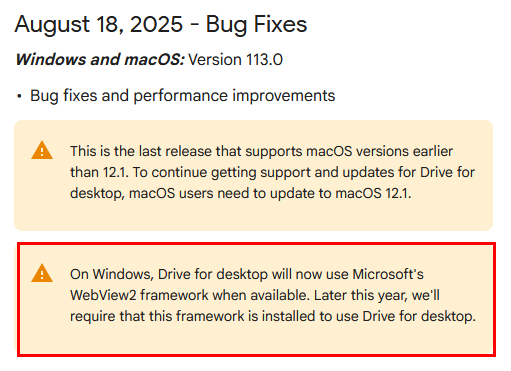 Google Drive for desktop release notes(click to enlarge) Google Drive for desktop release notes