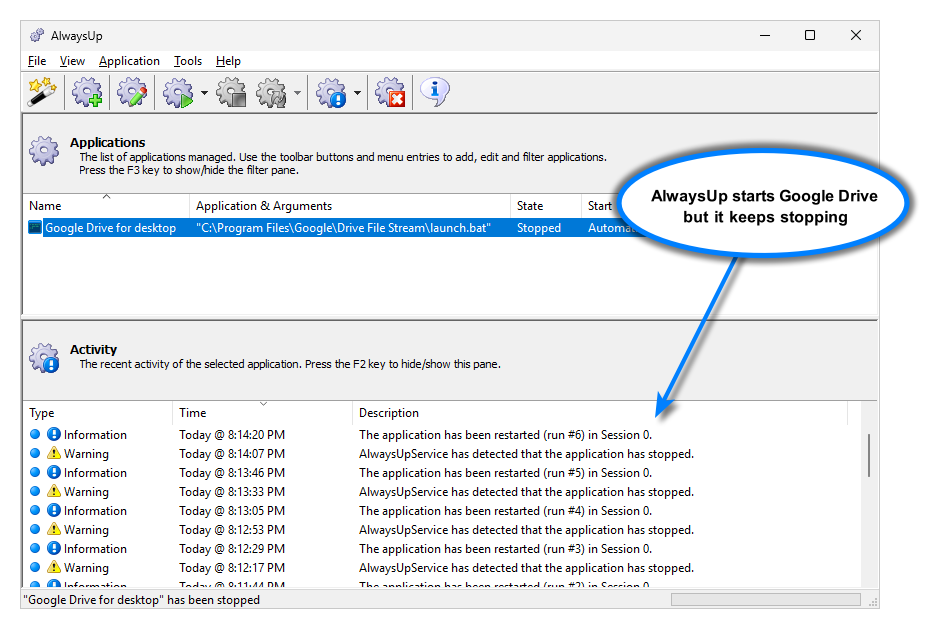 Google Drive for desktop keeps exiting (click to enlarge) Google Drive for desktop keeps exiting