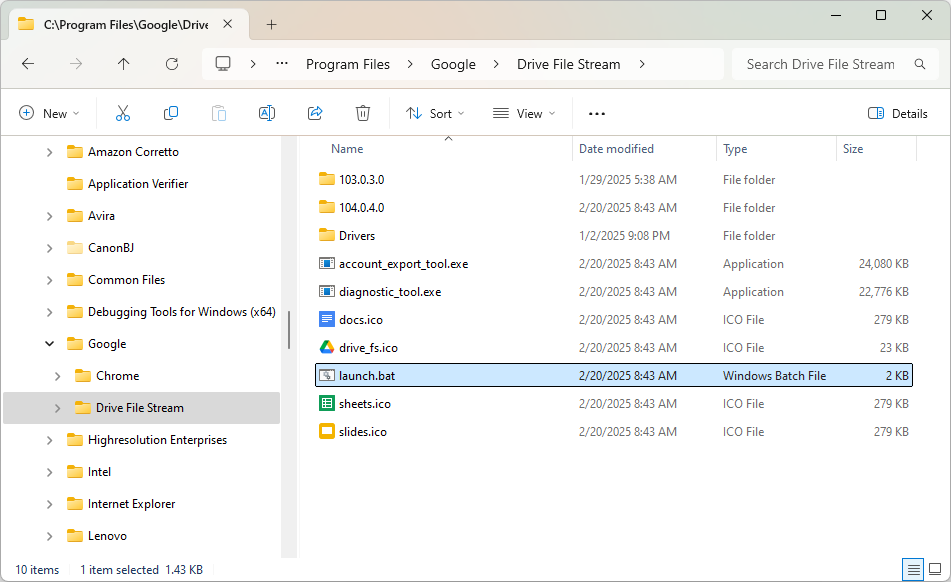 Google Drive launch batch file