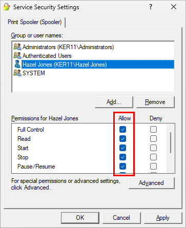 Hazel has full permissions to the Spooler service (click to enlarge) Hazel has full permissions to the Spooler service