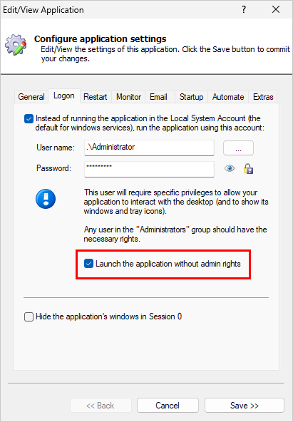 Have AlwaysUp launch Google Drive without admin rights (click to enlarge) Have AlwaysUp launch Google Drive without admin rights