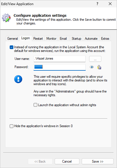 Setup AlwaysUp to run Google Drive in the standard account (click to enlarge) Setup AlwaysUp to run Google Drive in the standard account