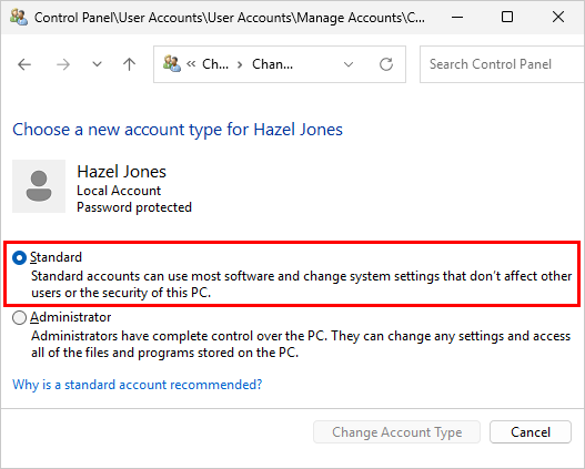 We created a new standard Windows account (click to enlarge) We created a new standard Windows account