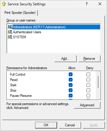 Print Spooler Windows Service security settings (click to enlarge) Print Spooler Windows Service security settings