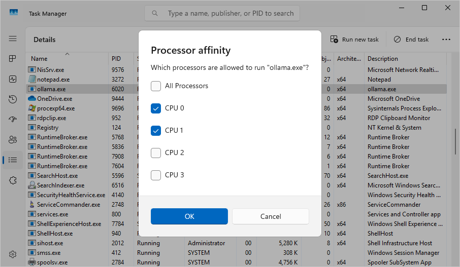 Ollama processor affinity (click to enlarge) Ollama processor affinity
