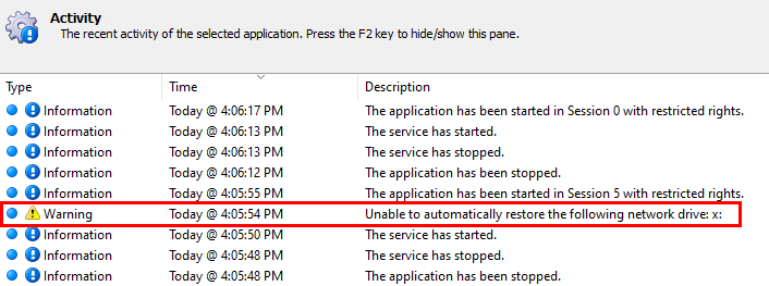 Error restoring a network drive in AlwaysUp (click to enlarge) Error restoring a network drive in AlwaysUp