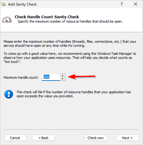 Enter the maximum resource handle count (click to enlarge) Enter the maximum resource handle count