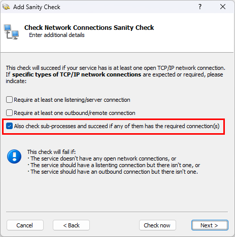 Check sub-process network connections (click to enlarge) Check sub-process network connections