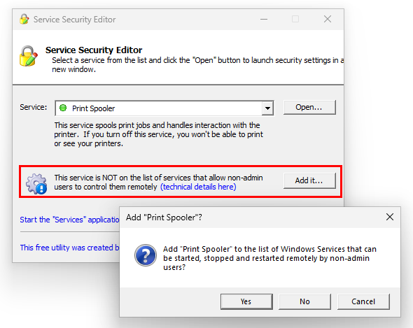 Adjust permissions for non-admins run your Windows Service remotely (click to enlarge) Adjust permissions for non-admins run your Windows Service remotely