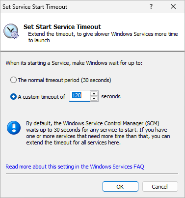 Set the start timeout for all Windows Services (click to enlarge) Set the start timeout for all Windows Services