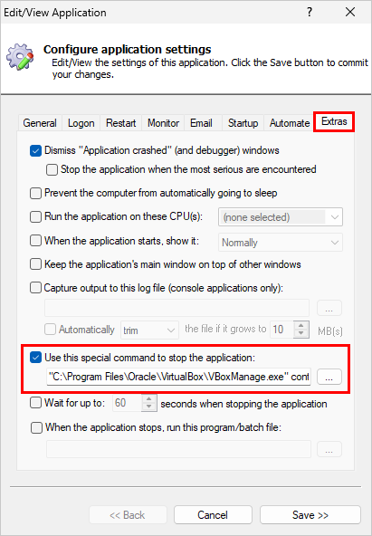 Set the command line that stops your application (click to enlarge) Set the command line that stops your application