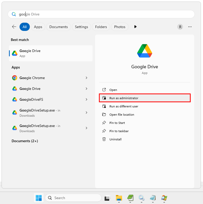 Run Google Drive for desktop as an administrator (click to enlarge) Run Google Drive for desktop as an administrator