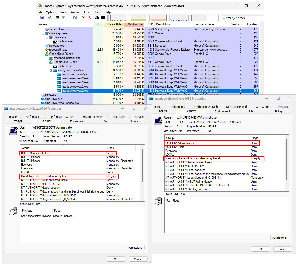 WebView2 processes started without admin rights (click to enlarge) WebView2 processes started without admin rights