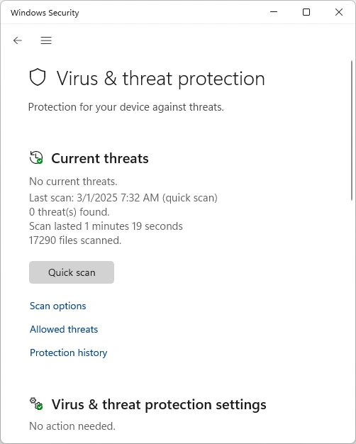 Windows security virus and threat protection (click to enlarge) Windows security virus and threat protection